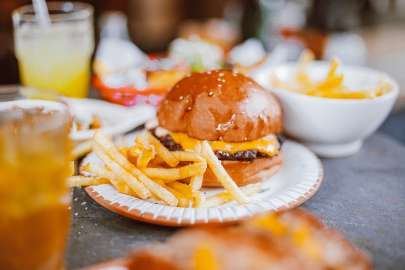 burger, fries, and other foods